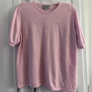 IZOD Ladies Embroidered Pink Fine Knit Top Sweater with short sleeves.